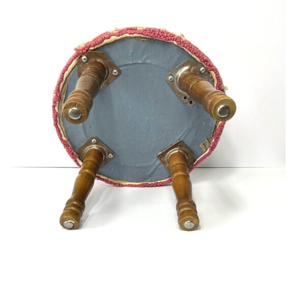 Vintage French Country Round Hooked Wool Footstool With Wood Legs 9" H 13" Dia - Picture 7 of 7